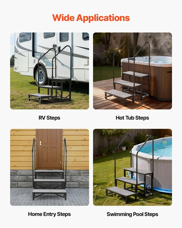 Alt view image 6 of 8 - VEVOR RV Steps with Dual Handrails, 3 Steps, 660 lbs Load Capacity, Heavy Duty Outdoor RV Stairs with Non-Slip Mat for Elderly/Pets, Portable Stairs for Hot Tub, Camper, Mobile Home, Porch, Pool, SPA