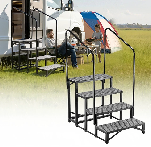 Main image of VEVOR RV Steps with Dual Handrails, 4 Steps, 660 lbs Load Capacity, Heavy Duty Outdoor RV Stairs with Non-Slip Mat for Elderly/Pets, Portable Stairs for Hot Tub, Camper, Mobile Home, Porch, Pool, SPA