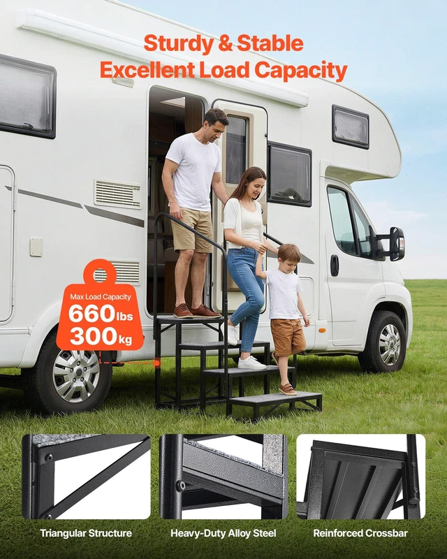 Alt view image 2 of 8 - VEVOR RV Steps with Dual Handrails, 4 Steps, 660 lbs Load Capacity, Heavy Duty Outdoor RV Stairs with Non-Slip Mat for Elderly/Pets, Portable Stairs for Hot Tub, Camper, Mobile Home, Porch, Pool, SPA