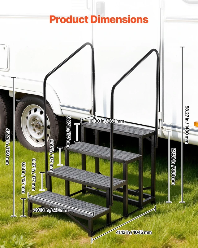 Alt view image 3 of 8 - VEVOR RV Steps with Dual Handrails, 4 Steps, 660 lbs Load Capacity, Heavy Duty Outdoor RV Stairs with Non-Slip Mat for Elderly/Pets, Portable Stairs for Hot Tub, Camper, Mobile Home, Porch, Pool, SPA
