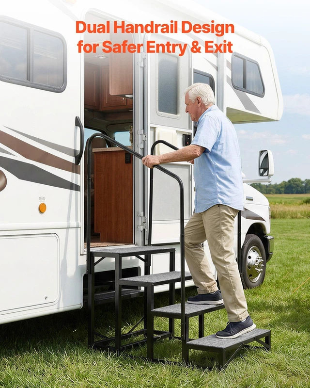 Alt view image 4 of 8 - VEVOR RV Steps with Dual Handrails, 4 Steps, 660 lbs Load Capacity, Heavy Duty Outdoor RV Stairs with Non-Slip Mat for Elderly/Pets, Portable Stairs for Hot Tub, Camper, Mobile Home, Porch, Pool, SPA