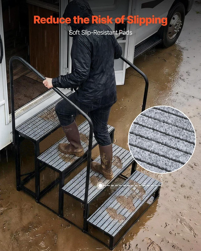 Alt view image 5 of 8 - VEVOR RV Steps with Dual Handrails, 4 Steps, 660 lbs Load Capacity, Heavy Duty Outdoor RV Stairs with Non-Slip Mat for Elderly/Pets, Portable Stairs for Hot Tub, Camper, Mobile Home, Porch, Pool, SPA