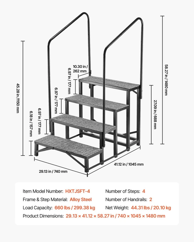 Alt view image 7 of 8 - VEVOR RV Steps with Dual Handrails, 4 Steps, 660 lbs Load Capacity, Heavy Duty Outdoor RV Stairs with Non-Slip Mat for Elderly/Pets, Portable Stairs for Hot Tub, Camper, Mobile Home, Porch, Pool, SPA
