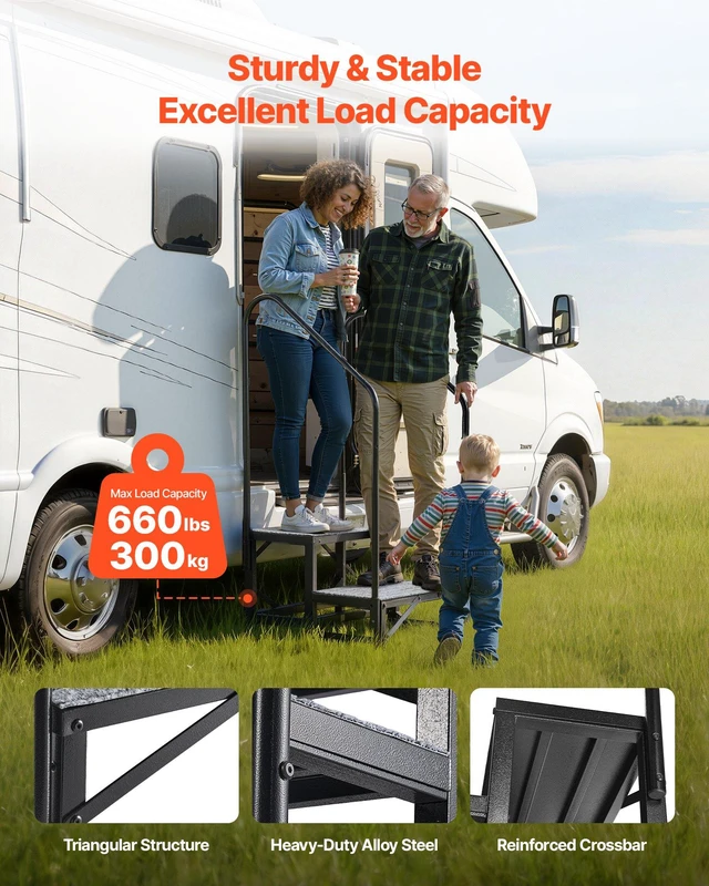 Alt view image 2 of 8 - VEVOR RV Steps with Dual Handrails, 2 Steps, 660 lbs Load Capacity, Heavy Duty Outdoor RV Stairs with Non-Slip Mat for Elderly/Pets, Portable Stairs for Hot Tub, Camper, Mobile Home, Porch, Pool, SPA