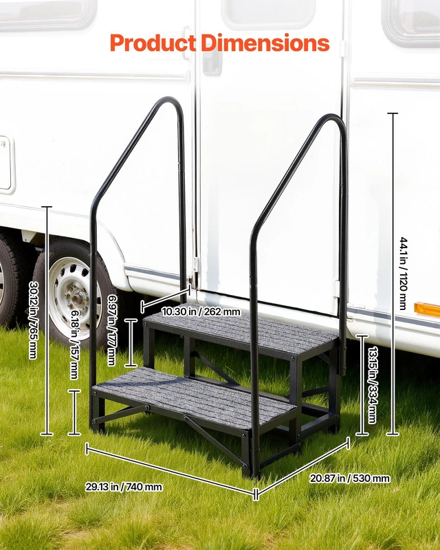 Alt view image 3 of 8 - VEVOR RV Steps with Dual Handrails, 2 Steps, 660 lbs Load Capacity, Heavy Duty Outdoor RV Stairs with Non-Slip Mat for Elderly/Pets, Portable Stairs for Hot Tub, Camper, Mobile Home, Porch, Pool, SPA