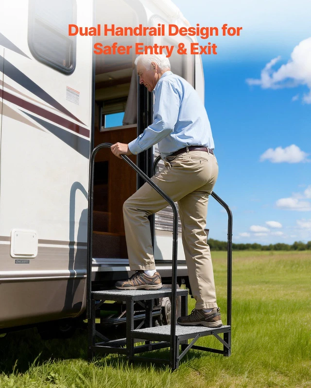 Alt view image 4 of 8 - VEVOR RV Steps with Dual Handrails, 2 Steps, 660 lbs Load Capacity, Heavy Duty Outdoor RV Stairs with Non-Slip Mat for Elderly/Pets, Portable Stairs for Hot Tub, Camper, Mobile Home, Porch, Pool, SPA