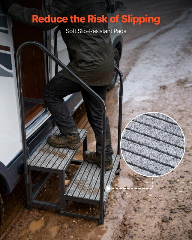 Alt view image 5 of 8 - VEVOR RV Steps with Dual Handrails, 2 Steps, 660 lbs Load Capacity, Heavy Duty Outdoor RV Stairs with Non-Slip Mat for Elderly/Pets, Portable Stairs for Hot Tub, Camper, Mobile Home, Porch, Pool, SPA
