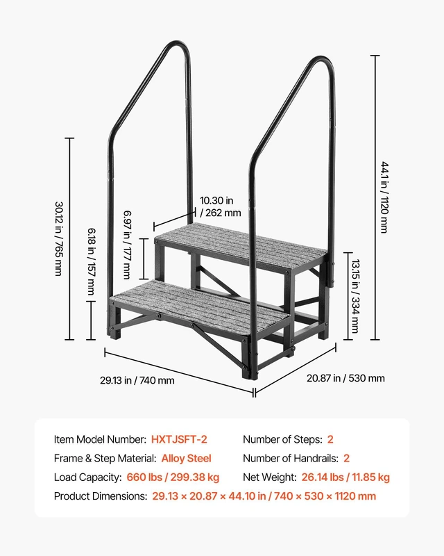 Alt view image 7 of 8 - VEVOR RV Steps with Dual Handrails, 2 Steps, 660 lbs Load Capacity, Heavy Duty Outdoor RV Stairs with Non-Slip Mat for Elderly/Pets, Portable Stairs for Hot Tub, Camper, Mobile Home, Porch, Pool, SPA