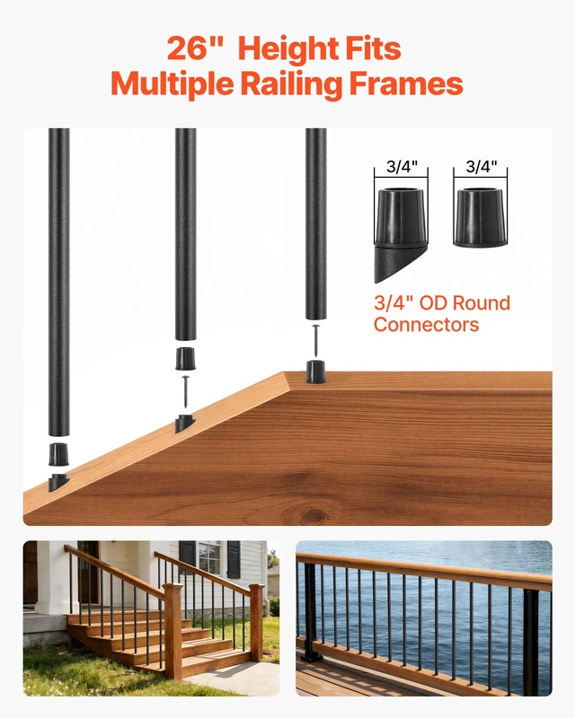 Alt view image 4 of 8 - VEVOR 125 Pack Deck Balusters, 26 in Aluminum Railing Spindles, 3/4 in Diameter Hollow Round Metal Decking Stair Balusters with Connectors, Screws, for Deck, Porch & Staircase Railing Fence, Black