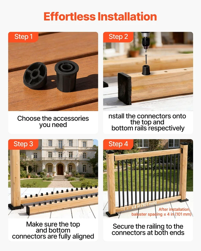 Alt view image 5 of 8 - VEVOR 125 Pack Deck Balusters, 26 in Aluminum Railing Spindles, 3/4 in Diameter Hollow Round Metal Decking Stair Balusters with Connectors, Screws, for Deck, Porch & Staircase Railing Fence, Black