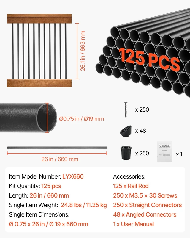 Alt view image 7 of 8 - VEVOR 125 Pack Deck Balusters, 26 in Aluminum Railing Spindles, 3/4 in Diameter Hollow Round Metal Decking Stair Balusters with Connectors, Screws, for Deck, Porch & Staircase Railing Fence, Black