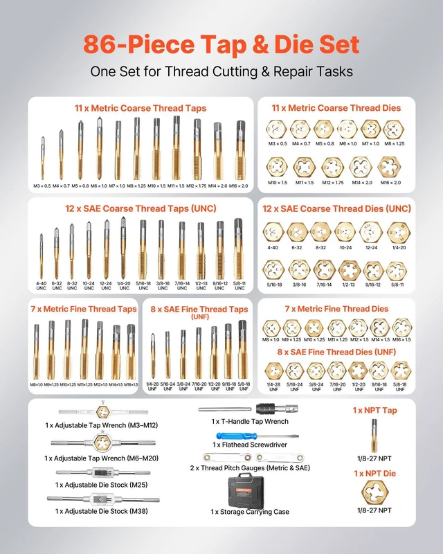 Alt view image 2 of 8 - VEVOR Tap and Die Set, 86-Piece Metric and SAE Sizes M3 to M12, #4 to 5/8", with Coarse and Fine Thread Taps and Dies, Wrench, Carrying Case and Complete Accessories, for Threading and Rethreading