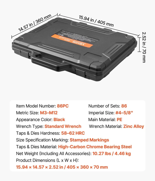 Alt view image 7 of 8 - VEVOR Tap and Die Set, 86-Piece Metric and SAE Sizes M3 to M12, #4 to 5/8", with Coarse and Fine Thread Taps and Dies, Wrench, Carrying Case and Complete Accessories, for Threading and Rethreading