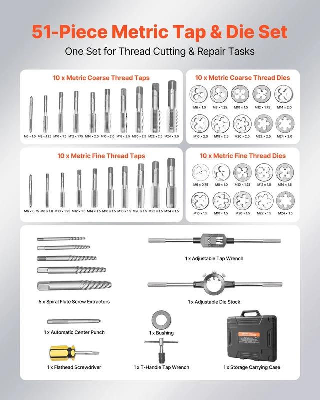 Alt view image 2 of 8 - VEVOR Tap and Die Set, 51-Piece Metric Sizes M6 to M24, with Coarse and Fine Thread Taps and Dies, Wrench, Carrying Case and Complete Accessories, Bearing Steel, for Threading and Rethreading Threads