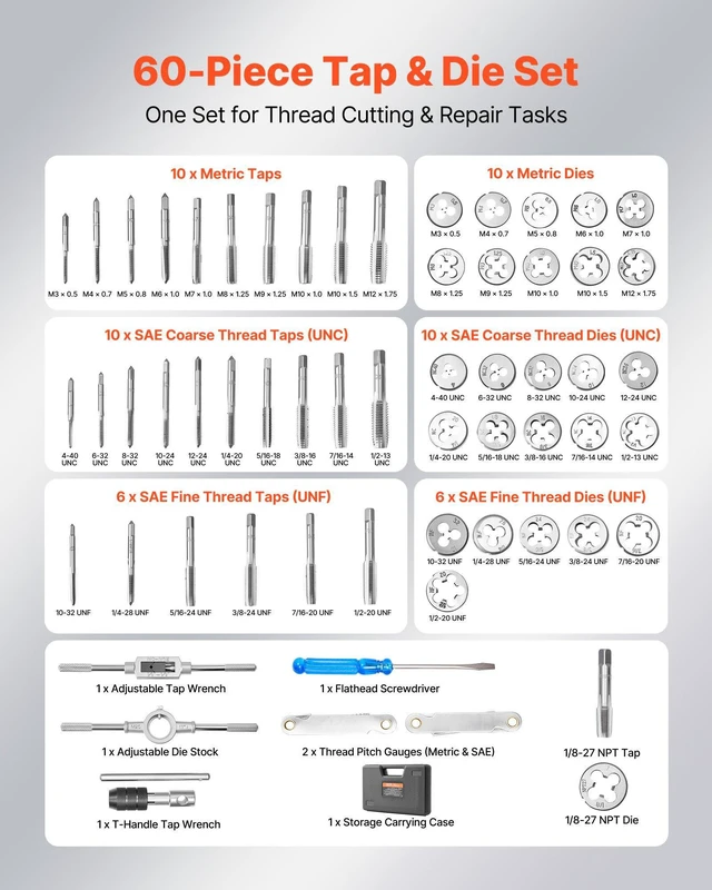 Alt view image 2 of 8 - VEVOR Tap and Die Set, 60-Piece Metric and SAE Sizes M3 to M12, #4 to 1/2", with Coarse and Fine Thread Taps and Dies, Wrench, Carrying Case and Complete Accessories, for Threading and Rethreading