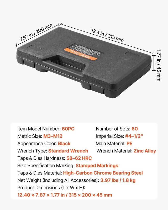 Alt view image 7 of 8 - VEVOR Tap and Die Set, 60-Piece Metric and SAE Sizes M3 to M12, #4 to 1/2", with Coarse and Fine Thread Taps and Dies, Wrench, Carrying Case and Complete Accessories, for Threading and Rethreading