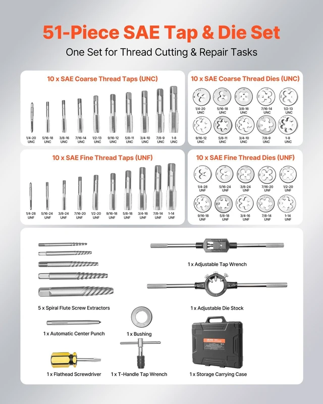 Alt view image 2 of 8 - VEVOR Tap and Die Set, 51-Piece SAE Sizes 1/4" to 1", with Coarse and Fine Thread Taps and Dies, Wrench, Carrying Case and Complete Accessories, Bearing Steel, for Threading and Rethreading Threads