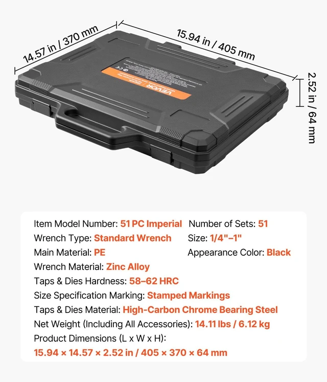 Alt view image 7 of 8 - VEVOR Tap and Die Set, 51-Piece SAE Sizes 1/4" to 1", with Coarse and Fine Thread Taps and Dies, Wrench, Carrying Case and Complete Accessories, Bearing Steel, for Threading and Rethreading Threads