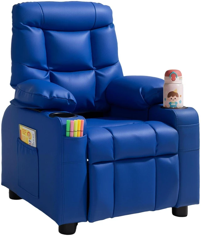 Main image of VEVOR Kids Reclining Chair, Toddler Recliner with 2 Cup Holders and 4 Pockets, 107° to 126° Adjustable Back, Easy-to-Clean PU Leather Recliner Couch with Footrest, for Boys, Girls & Children (Blue)