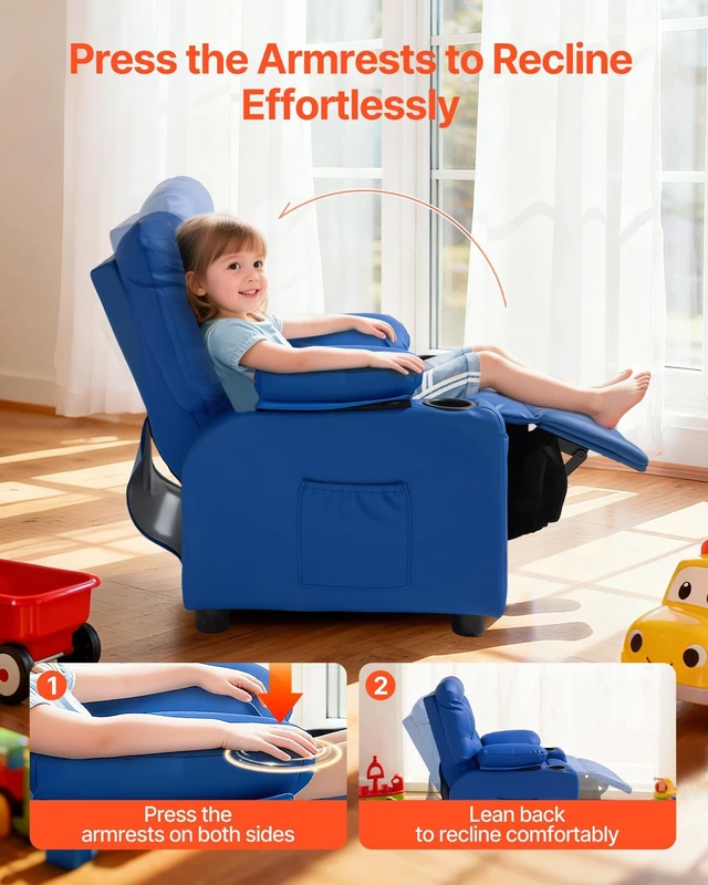 Alt view image 3 of 8 - VEVOR Kids Reclining Chair, Toddler Recliner with 2 Cup Holders and 4 Pockets, 107° to 126° Adjustable Back, Easy-to-Clean PU Leather Recliner Couch with Footrest, for Boys, Girls & Children (Blue)