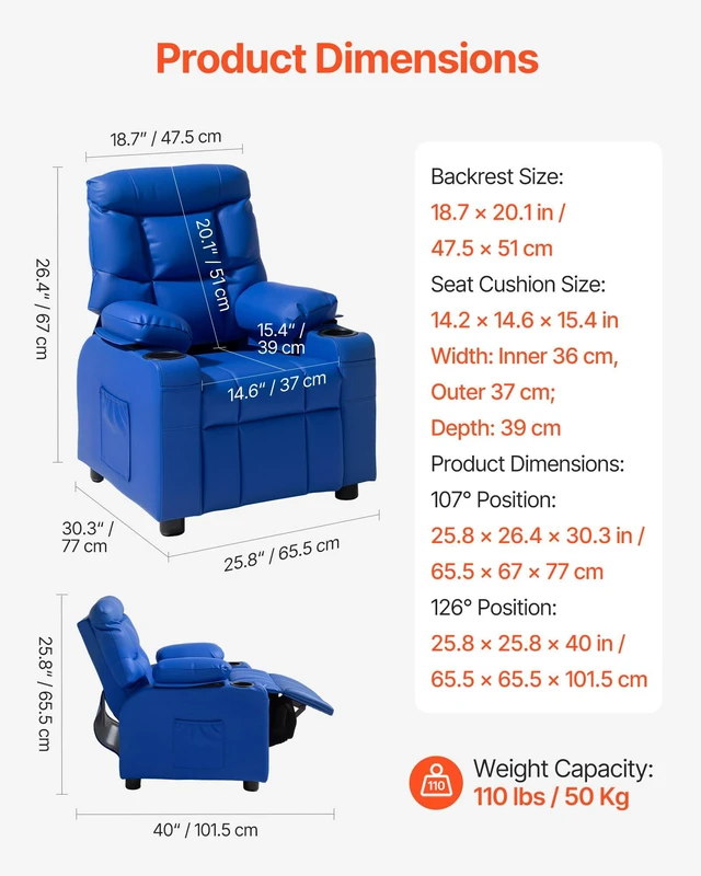 Alt view image 4 of 8 - VEVOR Kids Reclining Chair, Toddler Recliner with 2 Cup Holders and 4 Pockets, 107° to 126° Adjustable Back, Easy-to-Clean PU Leather Recliner Couch with Footrest, for Boys, Girls & Children (Blue)