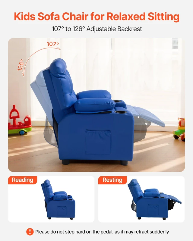 Alt view image 2 of 8 - VEVOR Kids Reclining Chair, Toddler Recliner with 2 Cup Holders and 4 Pockets, 107° to 126° Adjustable Back, Easy-to-Clean PU Leather Recliner Couch with Footrest, for Boys, Girls & Children (Blue)
