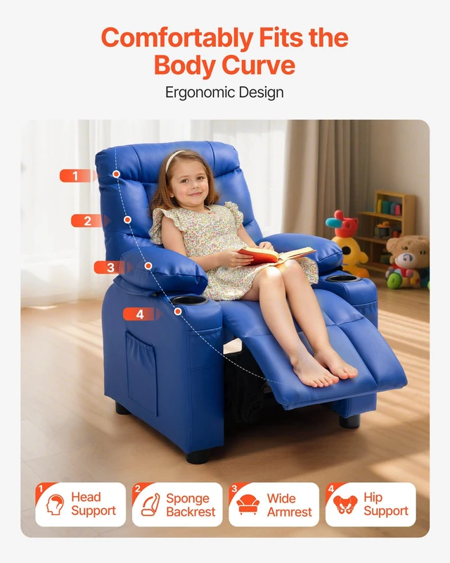 Alt view image 6 of 8 - VEVOR Kids Reclining Chair, Toddler Recliner with 2 Cup Holders and 4 Pockets, 107° to 126° Adjustable Back, Easy-to-Clean PU Leather Recliner Couch with Footrest, for Boys, Girls & Children (Blue)