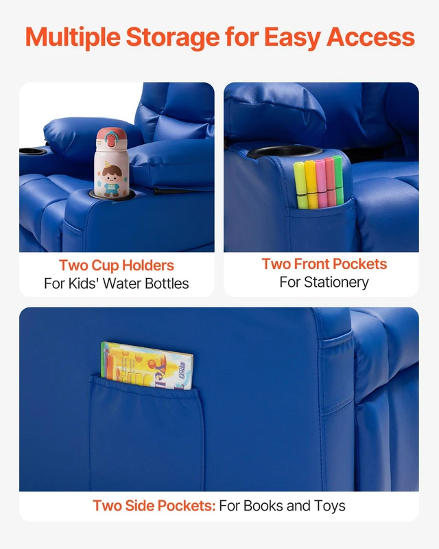 Alt view image 7 of 8 - VEVOR Kids Reclining Chair, Toddler Recliner with 2 Cup Holders and 4 Pockets, 107° to 126° Adjustable Back, Easy-to-Clean PU Leather Recliner Couch with Footrest, for Boys, Girls & Children (Blue)