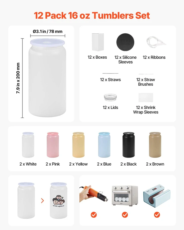 Alt view image 2 of 8 - VEVOR Sublimation Tumblers, 12 Pack, 16 oz Multicolored Tumblers Bulk, Stainless Steel Sublimation Cups with Lids and Straws, Double Wall Insulated Tumbler Blank, for DIY Personalized Customization