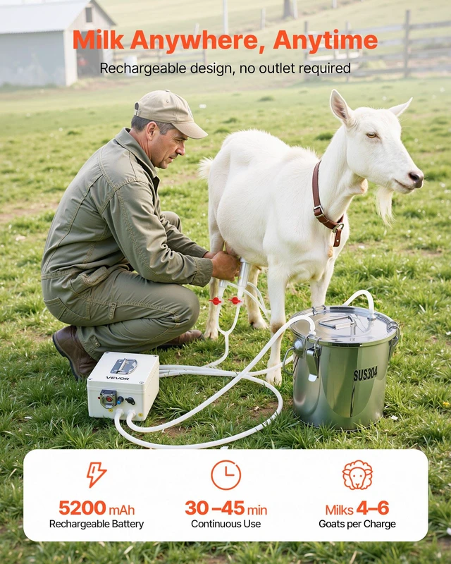 Alt view image 2 of 8 - VEVOR Goat Milking Machine, 0.8 Gal / 3 L Food-Grade Stainless Steel Bucket, with 5200 mAh Rechargeable Battery, 2 Teat Cups, Cordless Portable Pulsation Vaccum Electric Milking Machine for Goats Only