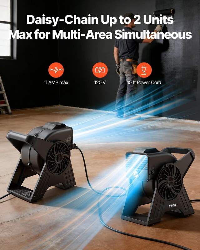 Alt view image 5 of 8 - VEVOR Blower Fan, 13 in Portable Utility Floor Fan, 300 CFM, 3 Speeds, Multi-Angle Airflow, Lightweight Portable High Velocity Air Mover, for Drying, Dehumidifying, Carpets, Air Circulation, Cooling