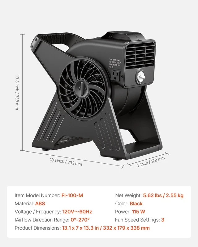 Alt view image 7 of 8 - VEVOR Blower Fan, 13 in Portable Utility Floor Fan, 300 CFM, 3 Speeds, Multi-Angle Airflow, Lightweight Portable High Velocity Air Mover, for Drying, Dehumidifying, Carpets, Air Circulation, Cooling