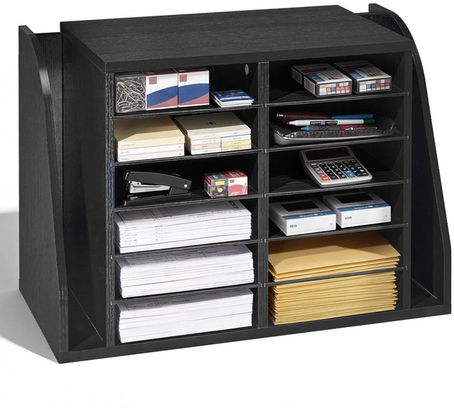 Main image of VEVOR Literature Organizer, 12 Compartments Office Mailbox with Side Vertical Storage, Wooden Mailbox Sorter Made of Particle Board, Countertop Office Home Organizer for File, Document, Paper, Black