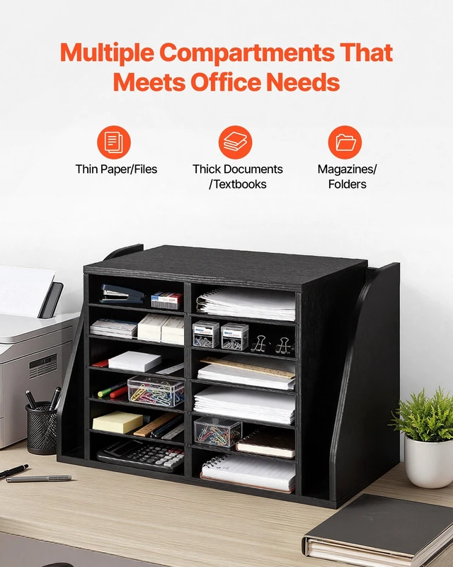 Alt view image 5 of 8 - VEVOR Literature Organizer, 12 Compartments Office Mailbox with Side Vertical Storage, Wooden Mailbox Sorter Made of Particle Board, Countertop Office Home Organizer for File, Document, Paper, Black