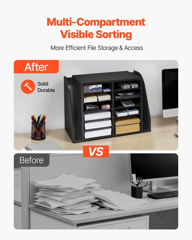 Alt view image 2 of 8 - VEVOR Literature Organizer, 12 Compartments Office Mailbox with Side Vertical Storage, Wooden Mailbox Sorter Made of Particle Board, Countertop Office Home Organizer for File, Document, Paper, Black