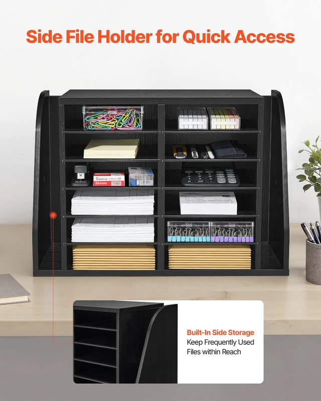 Alt view image 3 of 8 - VEVOR Literature Organizer, 12 Compartments Office Mailbox with Side Vertical Storage, Wooden Mailbox Sorter Made of Particle Board, Countertop Office Home Organizer for File, Document, Paper, Black