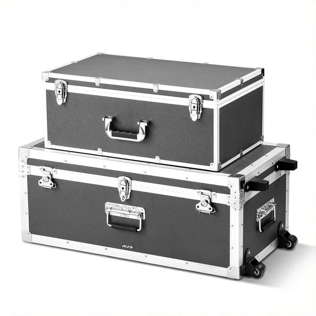 Main image of VEVOR Metal Storage Trunk, Set of 2, Wooden Suitcase Storage Boxes with Padlocks, Large Trunk Includes Casters and 3 Metal Handles, Decorative Store Chest with Lids for Travel, Apartment, Dorm, Gray