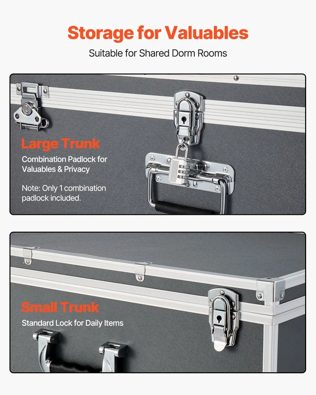 Alt view image 6 of 8 - VEVOR Metal Storage Trunk, Set of 2, Wooden Suitcase Storage Boxes with Padlocks, Large Trunk Includes Casters and 3 Metal Handles, Decorative Store Chest with Lids for Travel, Apartment, Dorm, Gray