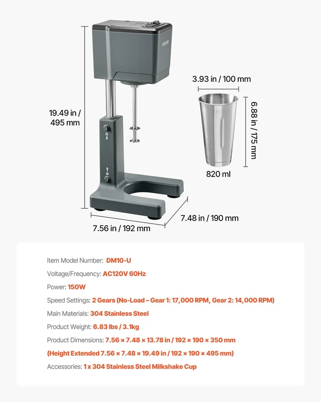 Alt view image 7 of 8 - VEVOR Milkshake Maker, 150W Milk Shake Maker Mixer, Single Head Drink Mixer Blender Machine, Dual-Speed Adjustment Milkshake Blender with Stainless Steel Cup, for Home, Kitchen, Bar & Beverage Shop