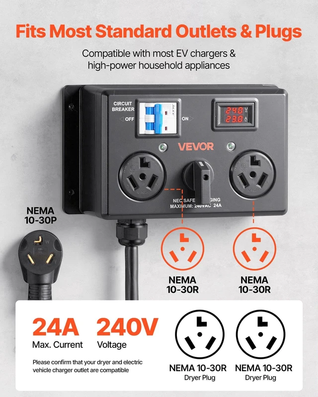 Alt view image 3 of 8 - VEVOR Manual EV Charging Switch, NEMA 10-30, Splitter Switch for Dryer & EV, 24A Max 240V Manual Power Distribution with Circuit Breaker, Real-Time Display, Hand-Operated Selector, Plug and Play, ETL
