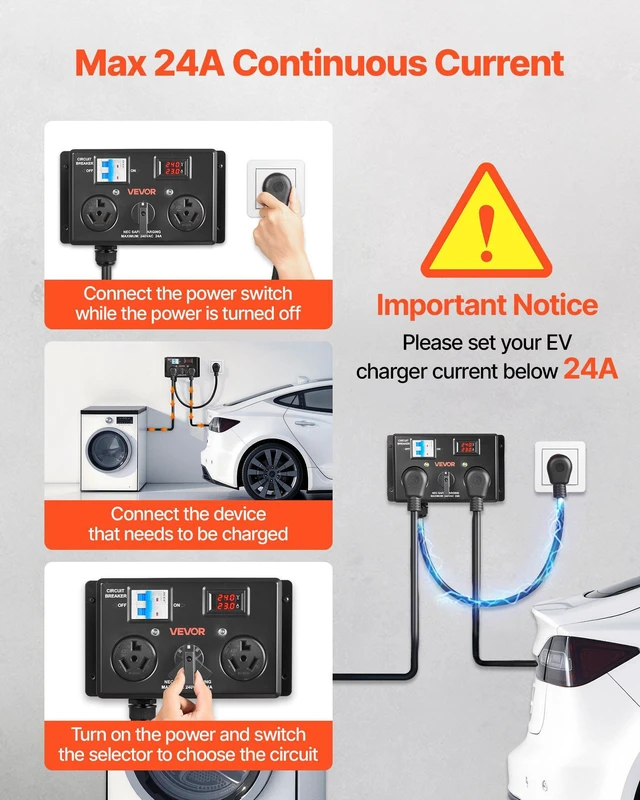Alt view image 6 of 8 - VEVOR Manual EV Charging Switch, NEMA 10-30, Splitter Switch for Dryer & EV, 24A Max 240V Manual Power Distribution with Circuit Breaker, Real-Time Display, Hand-Operated Selector, Plug and Play, ETL