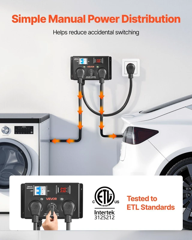 Alt view image 2 of 8 - VEVOR Manual EV Charging Switch, NEMA 10-30, Splitter Switch for Dryer & EV, 24A Max 240V Manual Power Distribution with Circuit Breaker, Real-Time Display, Hand-Operated Selector, Plug and Play, ETL