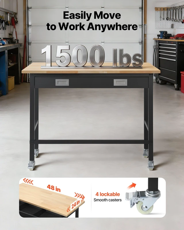 Alt view image 2 of 8 - VEVOR 48-inch Workbench, 1500 lbs Load Capacity, Garage Workbench with Drawer Storage & Wheels, Workshop Bench on Wheels, Heavy Duty Oak Wood Top Work Table for Garage, Workshop, Office, and Home