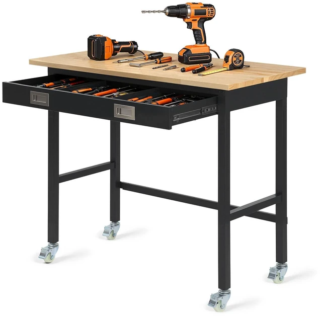 Main image of VEVOR 48-inch Workbench, 1500 lbs Load Capacity, Garage Workbench with Drawer Storage & Wheels, Workshop Bench on Wheels, Heavy Duty Oak Wood Top Work Table for Garage, Workshop, Office, and Home