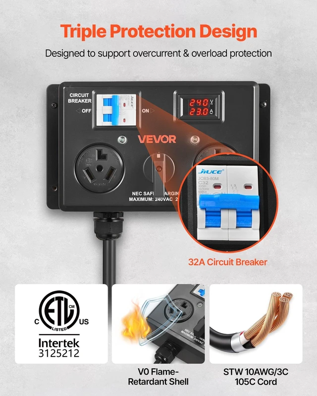 Alt view image 4 of 8 - VEVOR Manual EV Charging Switch, NEMA 10-30, Splitter Switch for Dryer & EV, 24A Max 240V Manual Power Distribution with Circuit Breaker, Real-Time Display, Hand-Operated Selector, Plug and Play, ETL