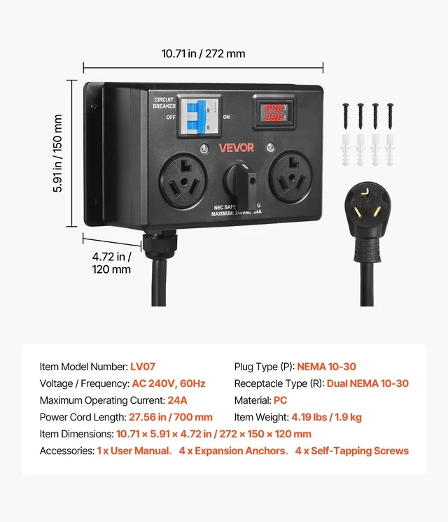 Alt view image 7 of 8 - VEVOR Manual EV Charging Switch, NEMA 10-30, Splitter Switch for Dryer & EV, 24A Max 240V Manual Power Distribution with Circuit Breaker, Real-Time Display, Hand-Operated Selector, Plug and Play, ETL