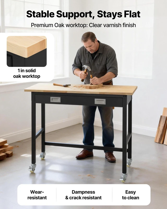 Alt view image 4 of 8 - VEVOR 48-inch Workbench, 1500 lbs Load Capacity, Garage Workbench with Drawer Storage & Wheels, Workshop Bench on Wheels, Heavy Duty Oak Wood Top Work Table for Garage, Workshop, Office, and Home
