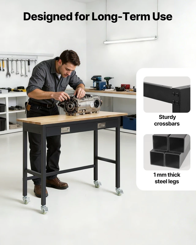 Alt view image 5 of 8 - VEVOR 48-inch Workbench, 1500 lbs Load Capacity, Garage Workbench with Drawer Storage & Wheels, Workshop Bench on Wheels, Heavy Duty Oak Wood Top Work Table for Garage, Workshop, Office, and Home