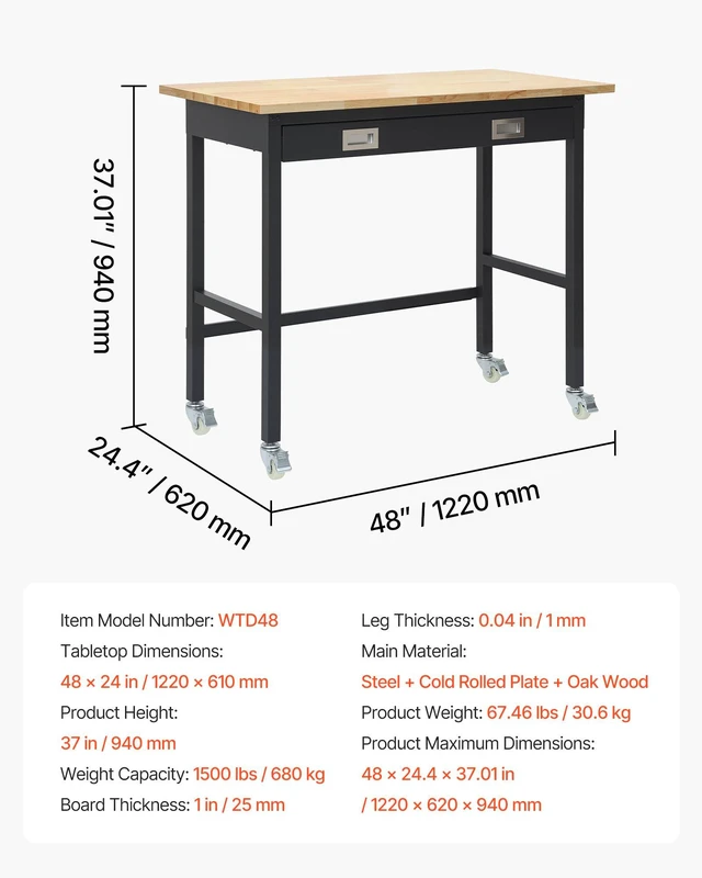 Alt view image 7 of 8 - VEVOR 48-inch Workbench, 1500 lbs Load Capacity, Garage Workbench with Drawer Storage & Wheels, Workshop Bench on Wheels, Heavy Duty Oak Wood Top Work Table for Garage, Workshop, Office, and Home