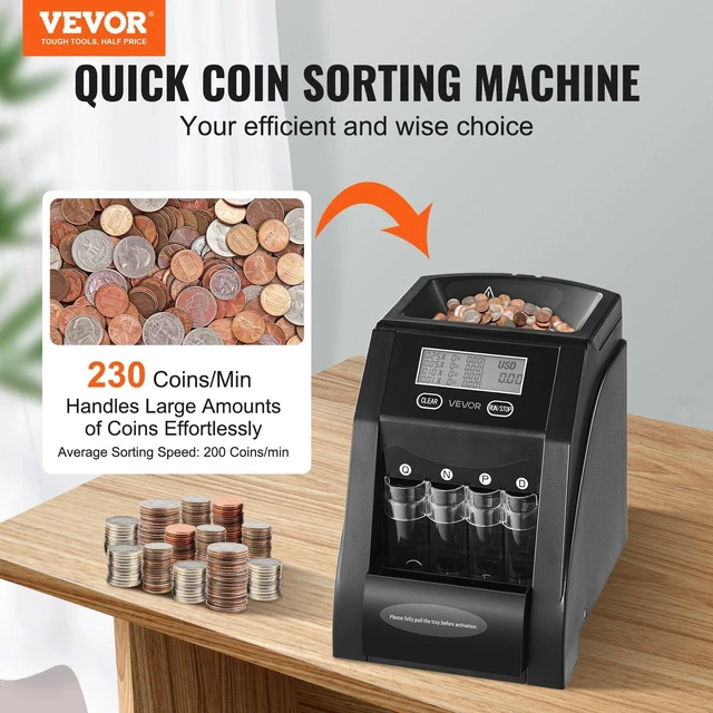 Alt view image 2 of 8 - VEVOR USD Coin Sorter, Coin Counter Machine for 4 Kinds of USD Coins, Coin Sorter and Wrapper Machine Holds up to 200 Coins, LCD Screen Display Coin Storage Included 4 Coin Tubes and Boxes